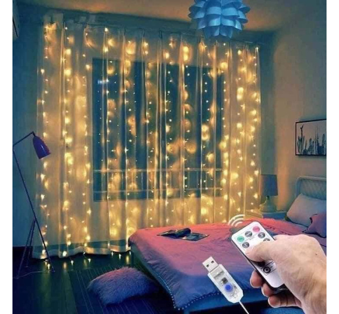 Гирлянда штора 3х2м, теплый цвет, 200 LED, USB с пультом (100) (-12)